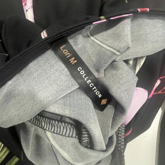 LORI M Black Floral Faux Wrap Midi Dress Long Sleeve V-Neck Orchid Print XL - Picture 5 of 6